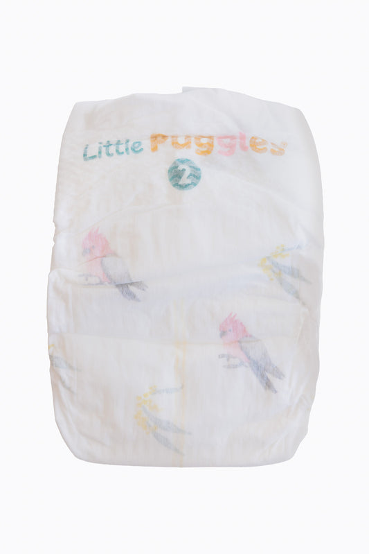 A single Little Puggles Size 2 nappy, front, with the galah and wattle print