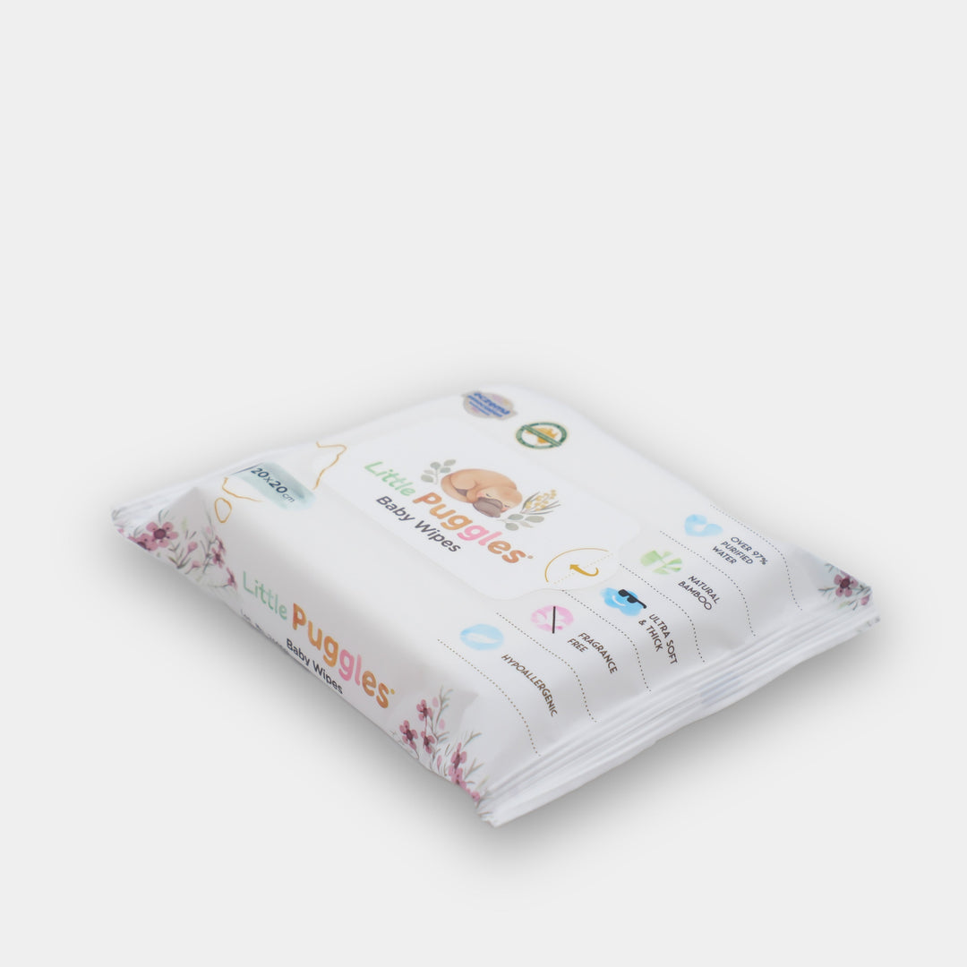 Little Puggles 20-wipe travel pouch shown at an angle