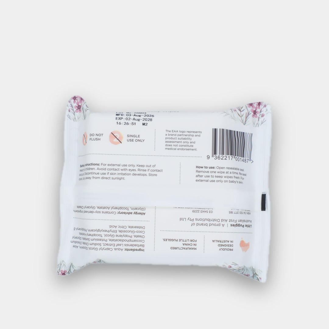 Little Puggles 20-wipe travel pouch, back of pack showing the ingredient list