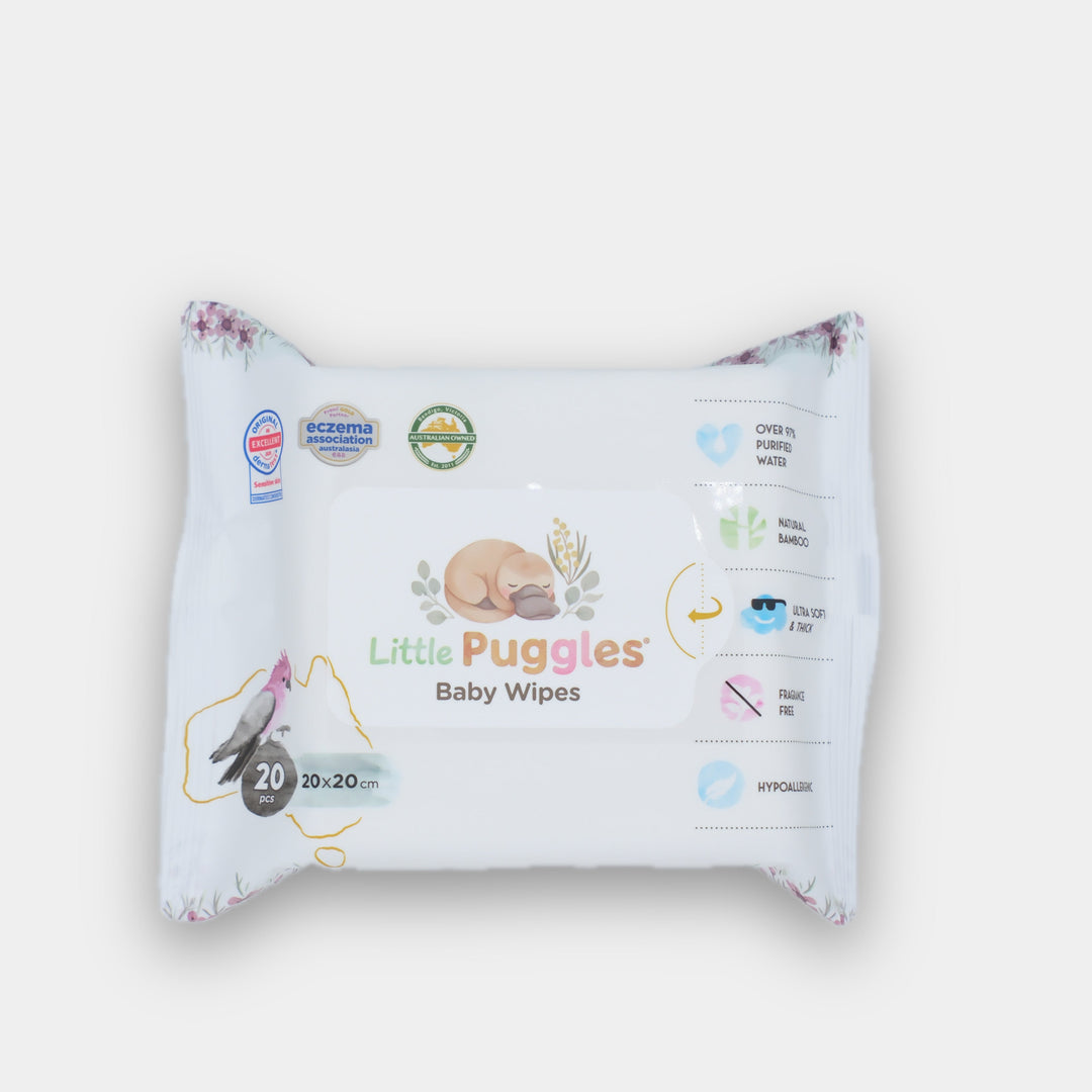 Little Puggles single 20-wipe travel pouch, front