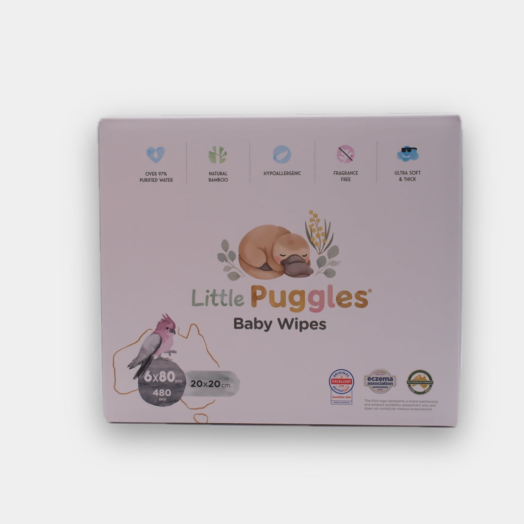 Little Puggles Baby Wipes 6-pack carton, front of box, 480 wipes
