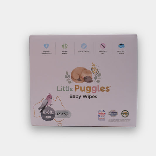 Little Puggles Baby Wipes 6-pack carton, front of box, 480 wipes