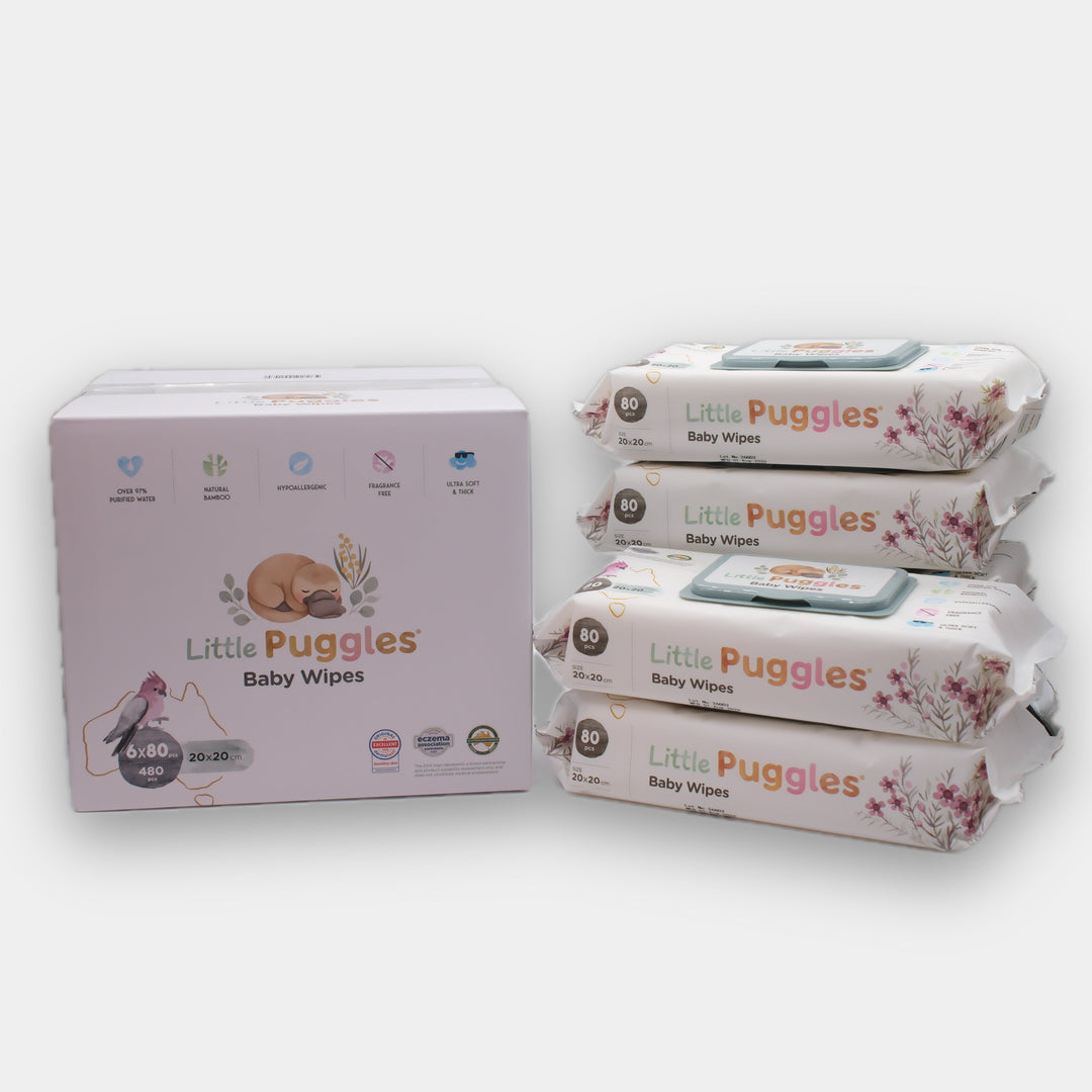 Little Puggles Baby Wipes carton with its six 80-wipe pouches