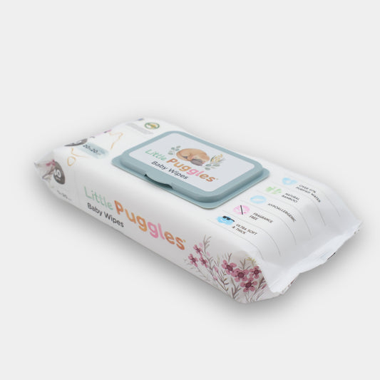 Little Puggles Baby Wipes 80-wipe pouch shown at an angle