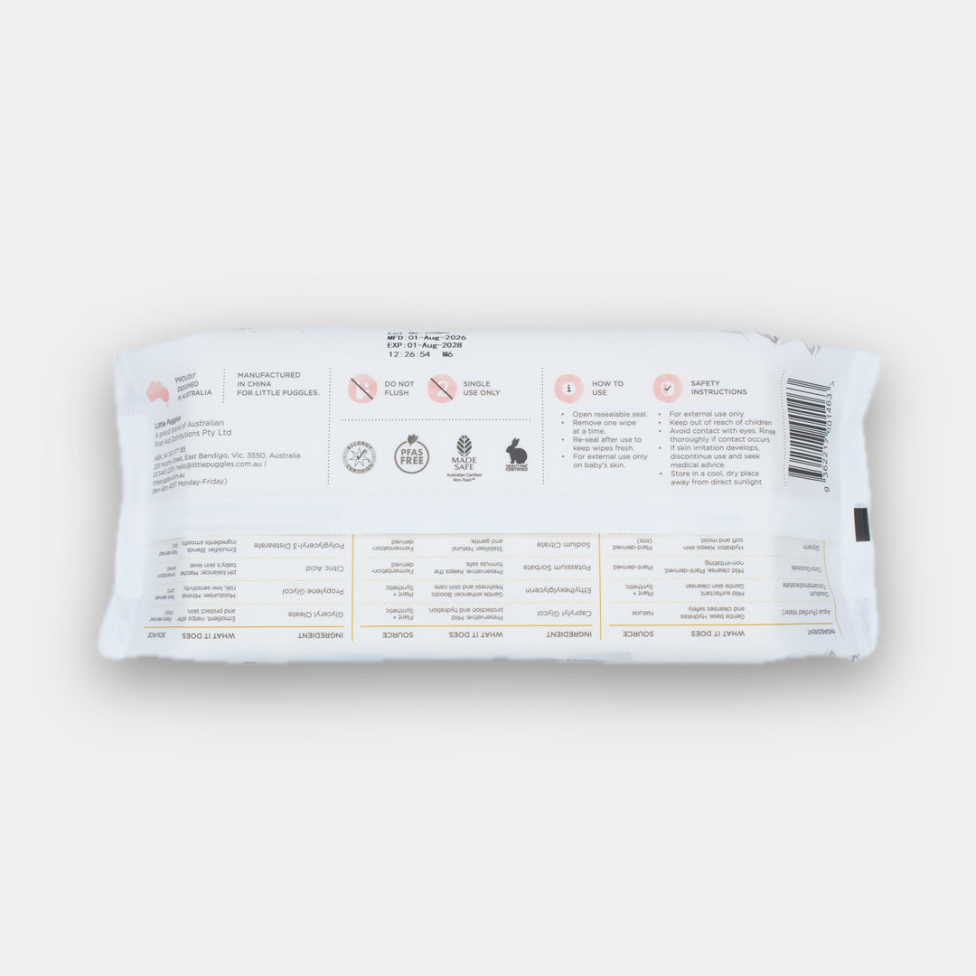 Little Puggles Baby Wipes 80-wipe pouch, back of pack showing the ingredient list