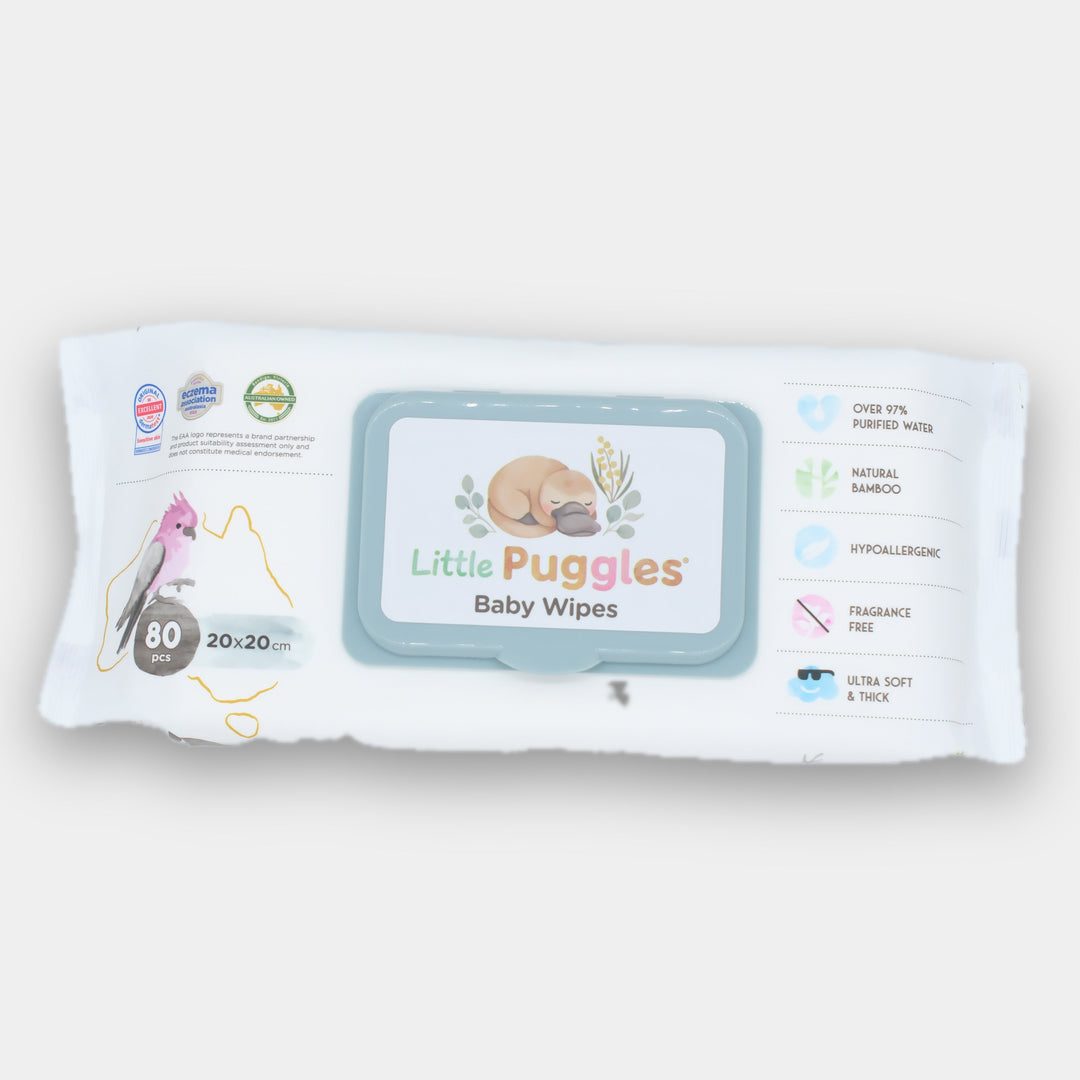 Little Puggles Baby Wipes single 80-wipe pouch, front