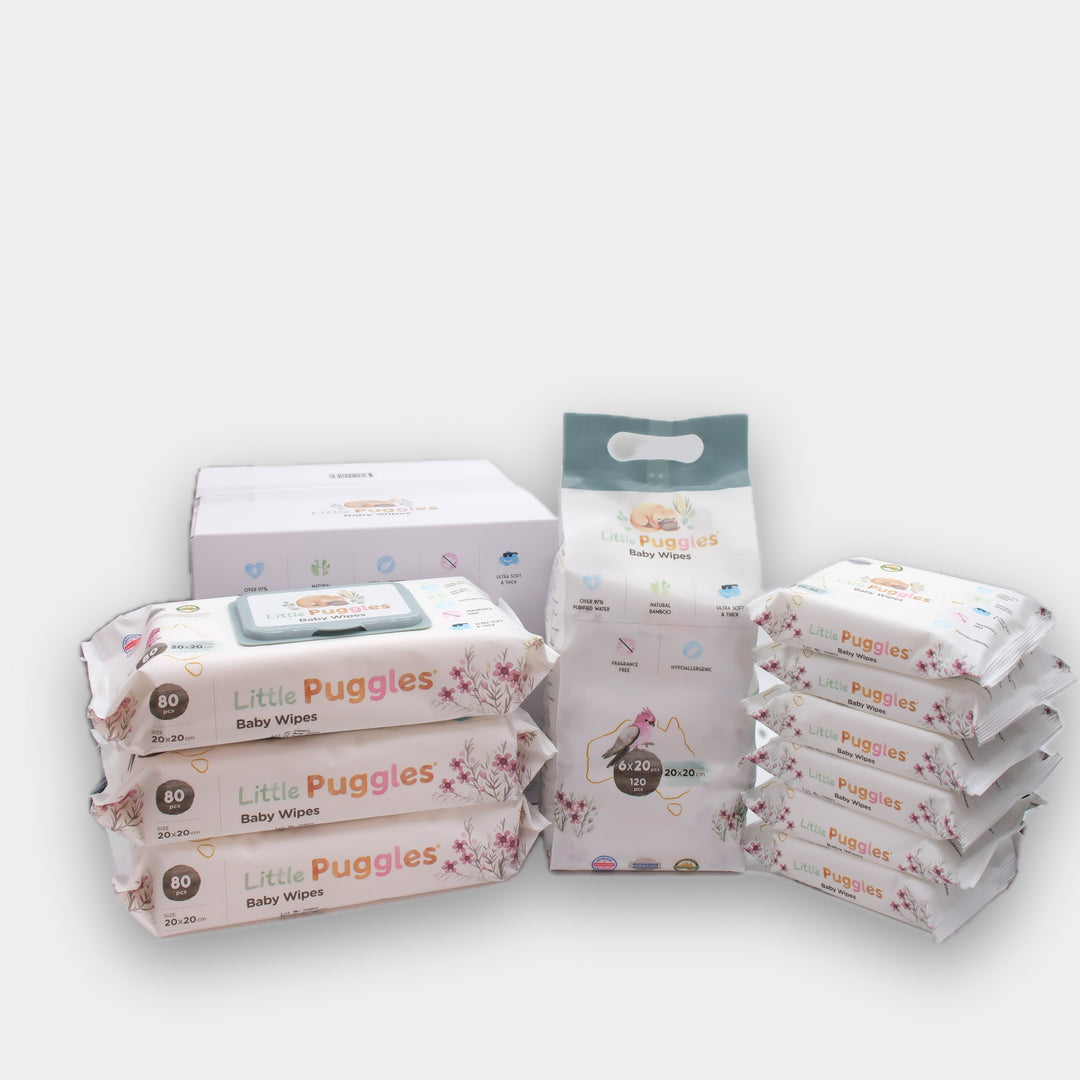 The full Little Puggles Baby Wipes range, home carton and travel pouches together