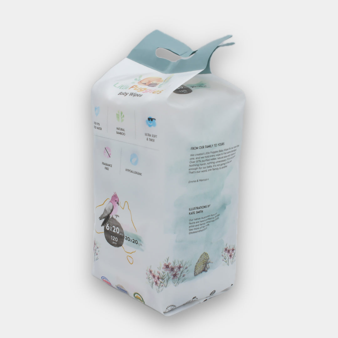 Little Puggles Travel Baby Wipes 6-pack bundle shown at an angle