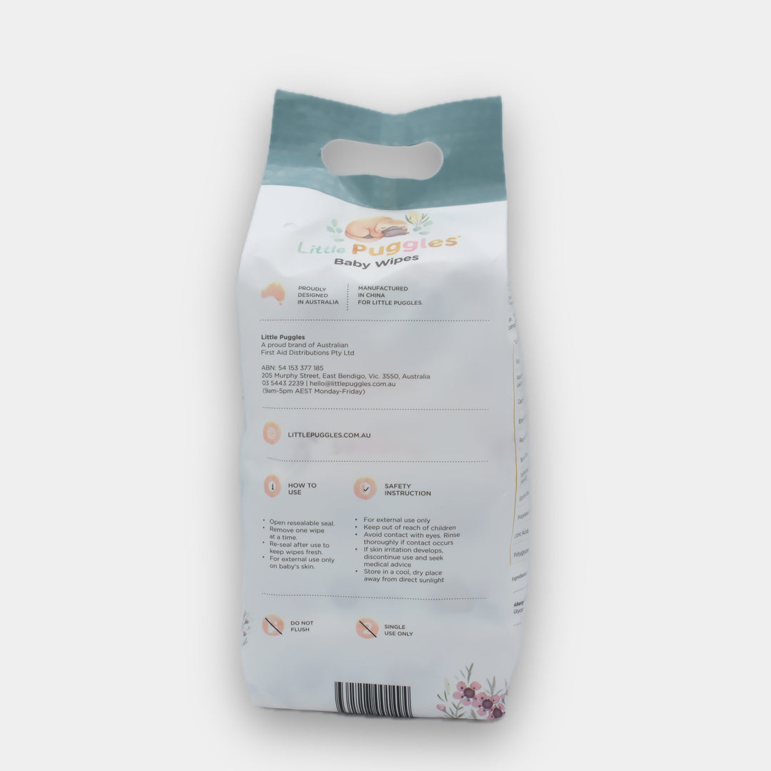 Little Puggles Travel Baby Wipes 6-pack bundle, back of pack