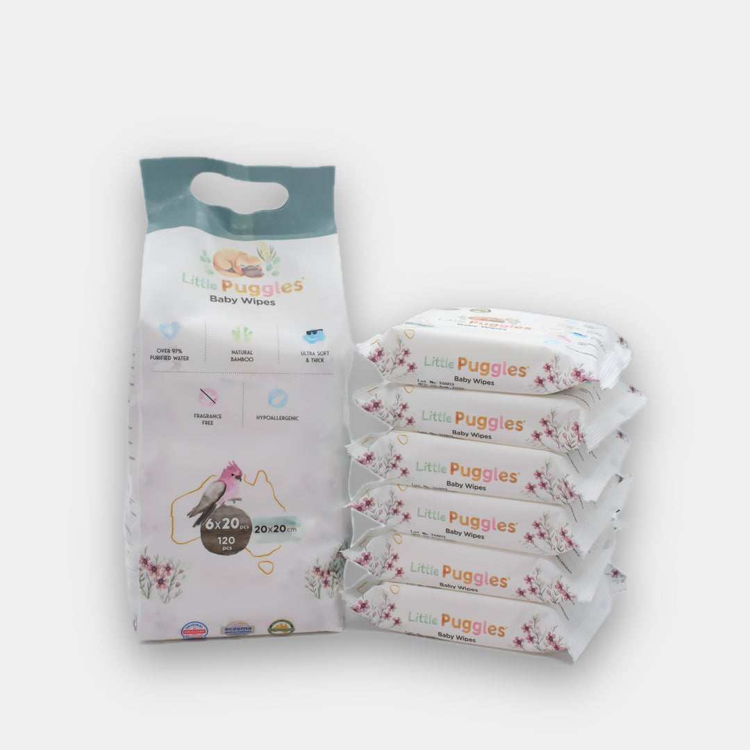 Six Little Puggles 20-wipe travel pouches from the bundle