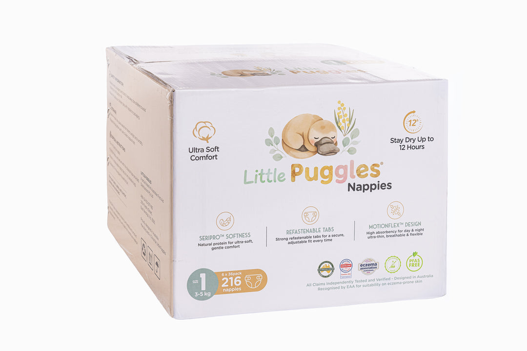 Little Puggles Size 1 nappies carton, 216 nappies