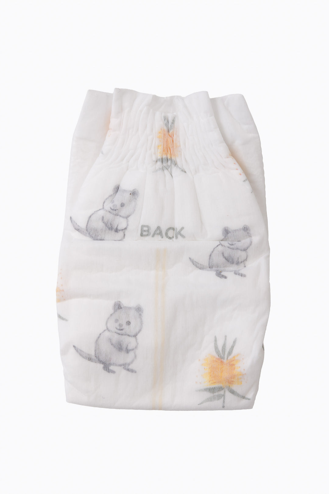 A single Little Puggles Size 1 nappy, back, showing the refastenable tabs
