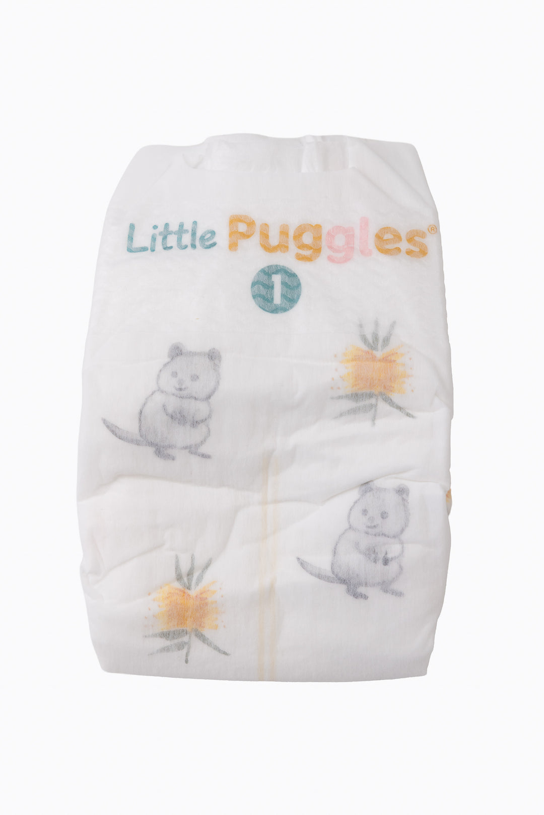 A single Little Puggles Size 1 nappy, front, showing the quokka and yellow bottlebrush print