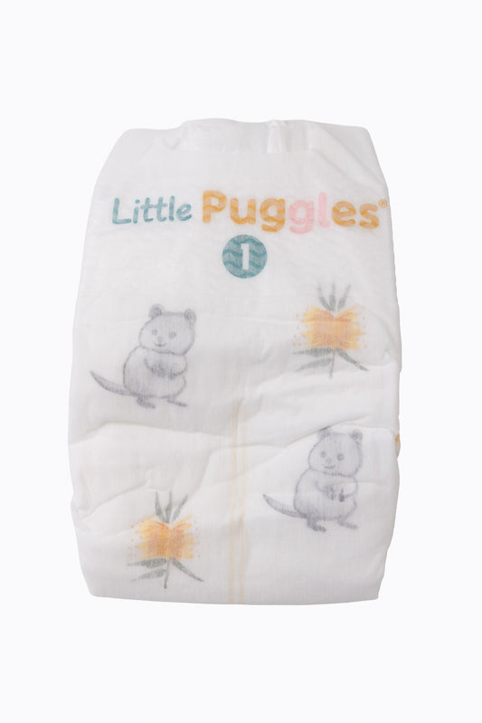 A single Little Puggles Size 1 nappy, front, showing the quokka and yellow bottlebrush print