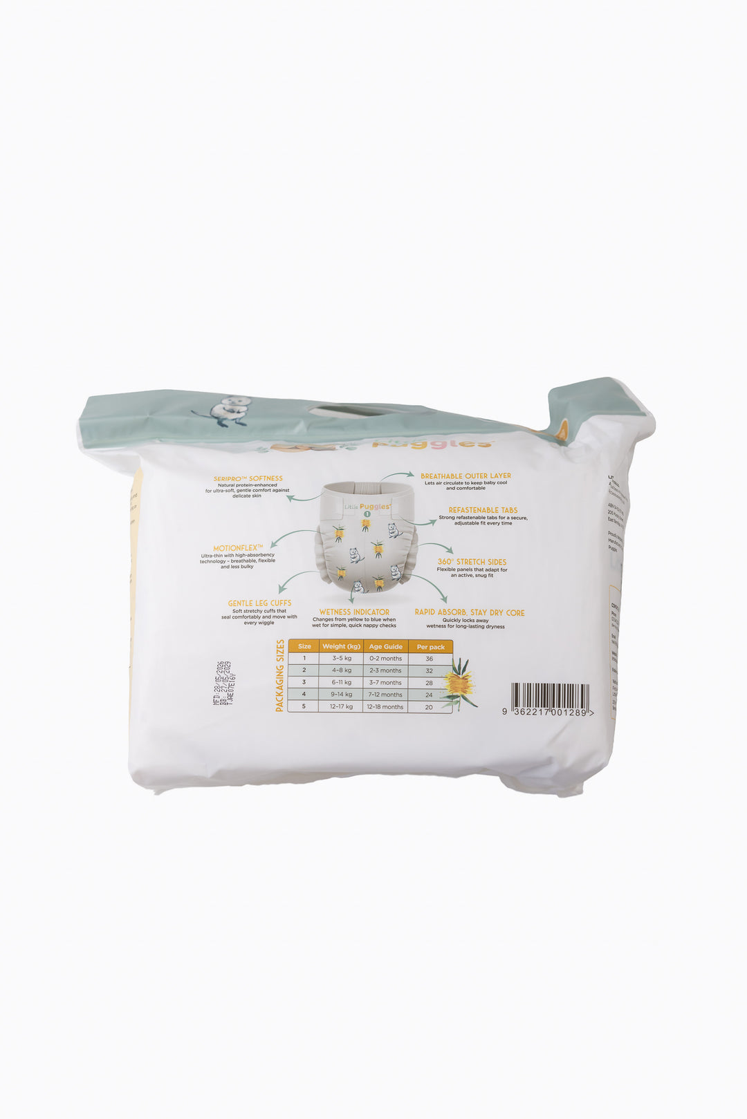Little Puggles Size 1 nappies inner bag, back of pack, showing the sizing guide