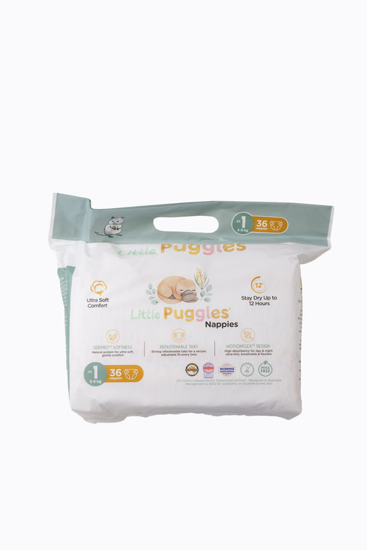 Little Puggles Size 1 nappies inner bag, front of pack, 36 nappies