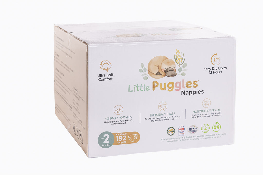 Little Puggles Size 2 nappies carton, 192 nappies