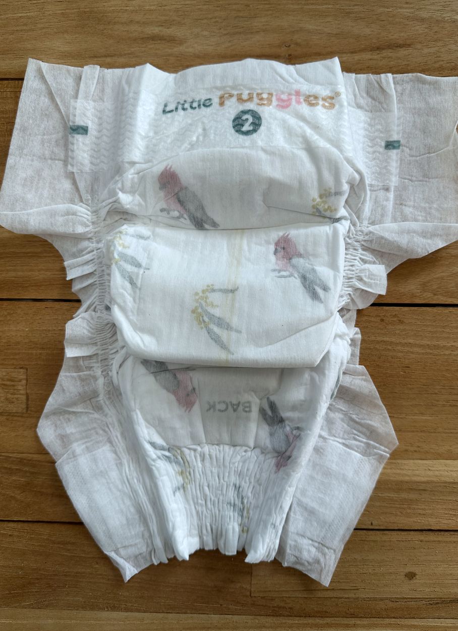 Little Puggles nappy opened out flat, outside face up, showing the front panel and the BACK marking