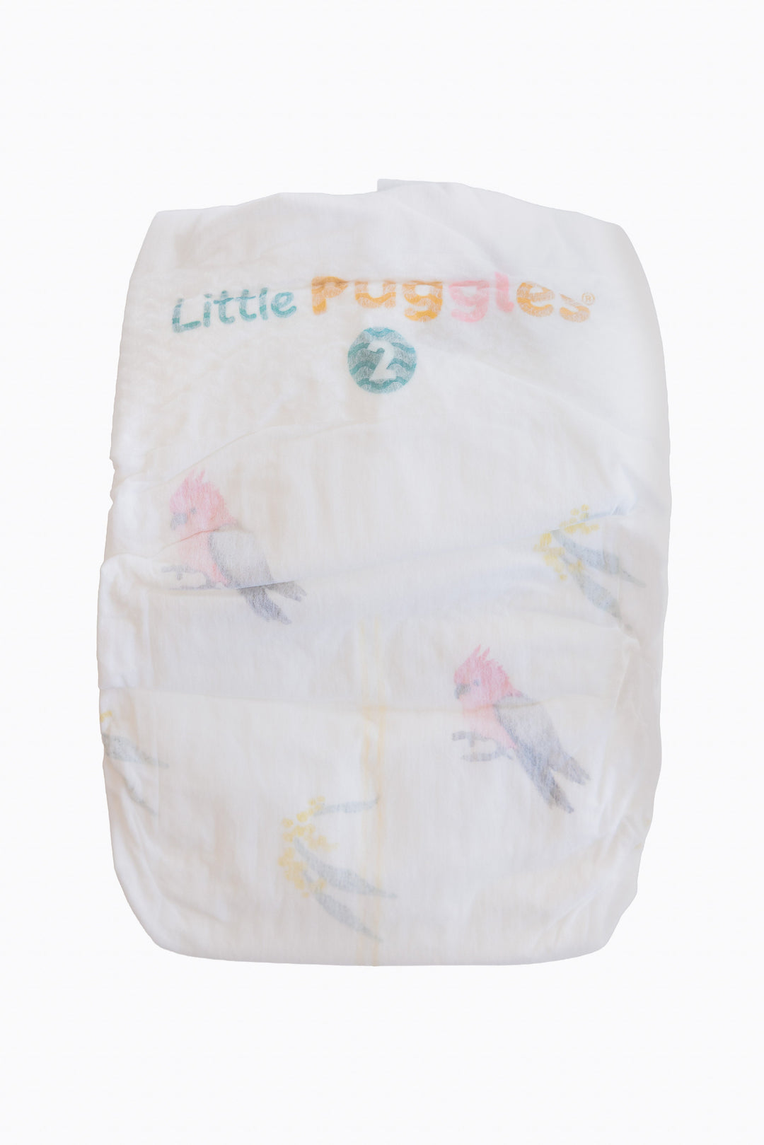 A single Little Puggles Size 2 nappy, front, with the galah and wattle print