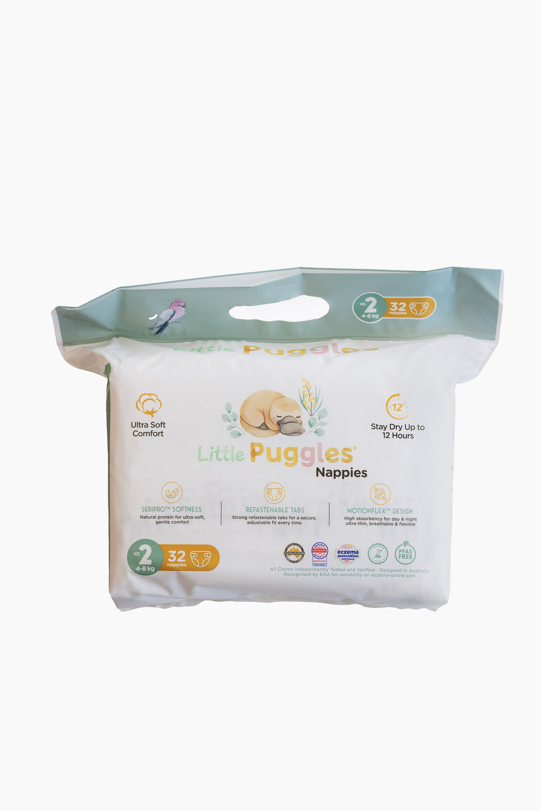 Little Puggles Size 2 nappies inner bag, front of pack, 32 nappies