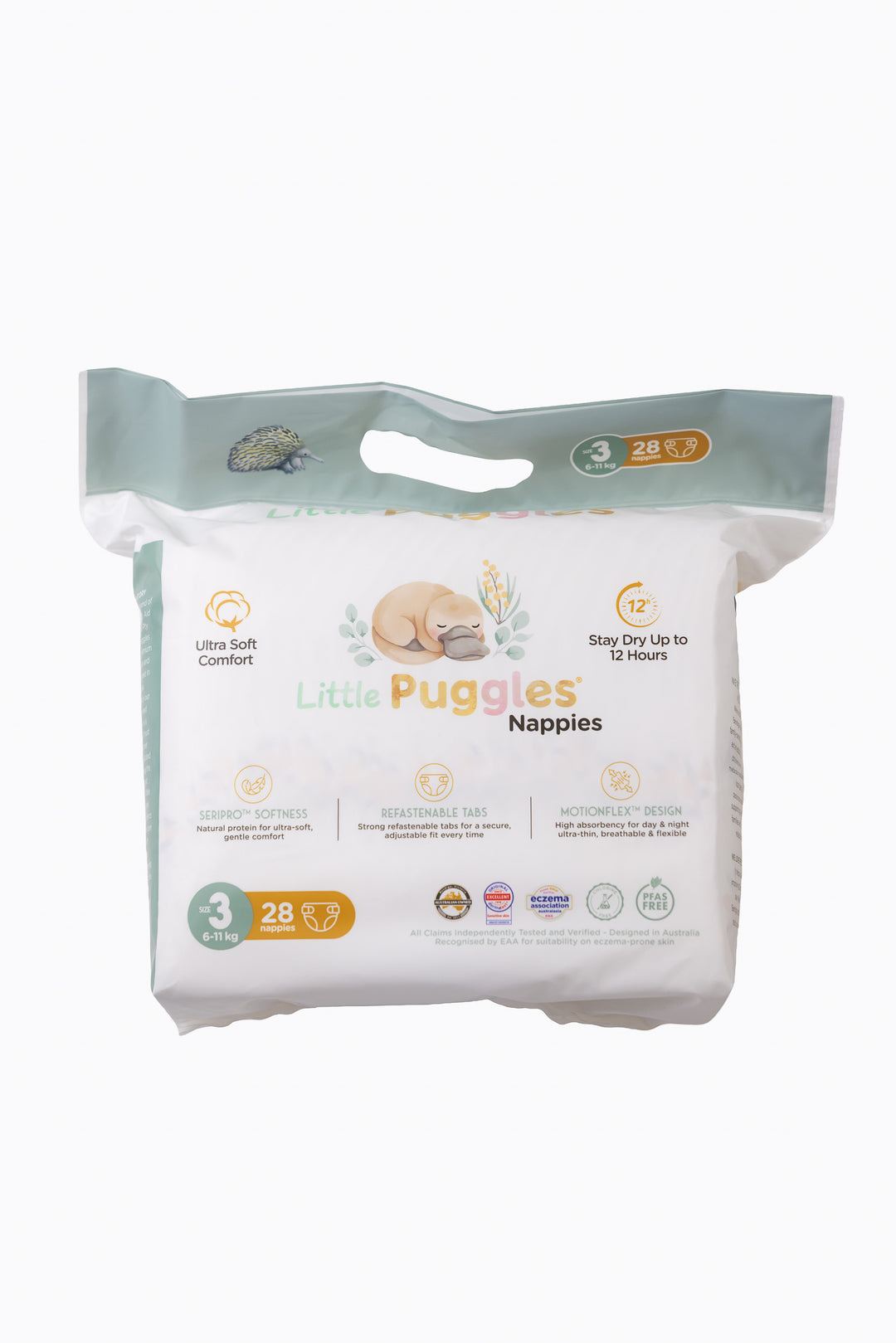 Little Puggles Size 3 nappies inner bag, front of pack, 28 nappies