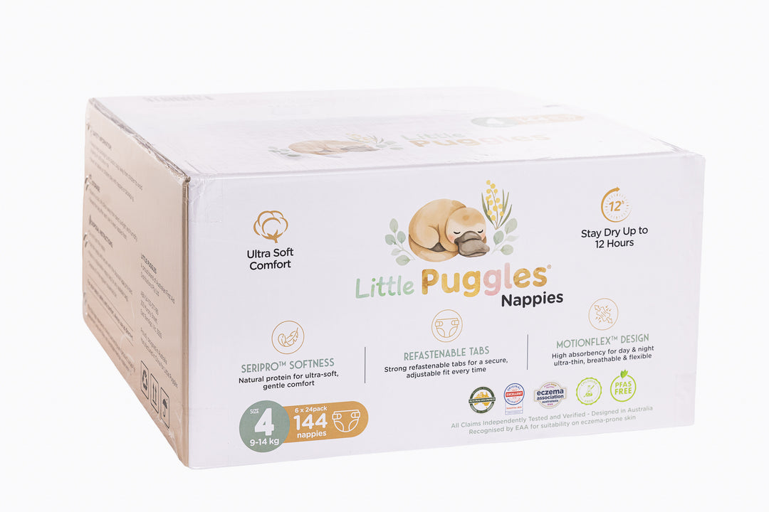 Little Puggles Size 4 nappies carton, 144 nappies