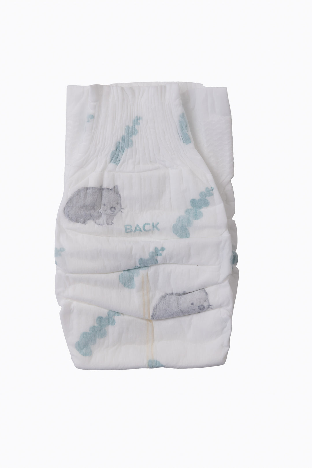 A single Little Puggles Size 4 nappy, back, showing the refastenable tabs