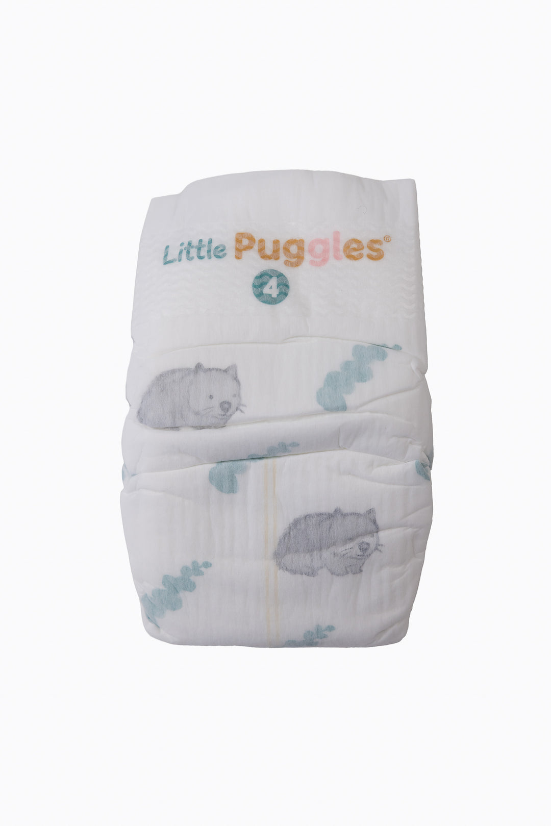 A single Little Puggles Size 4 nappy, front, showing the wombat and gum leaf print