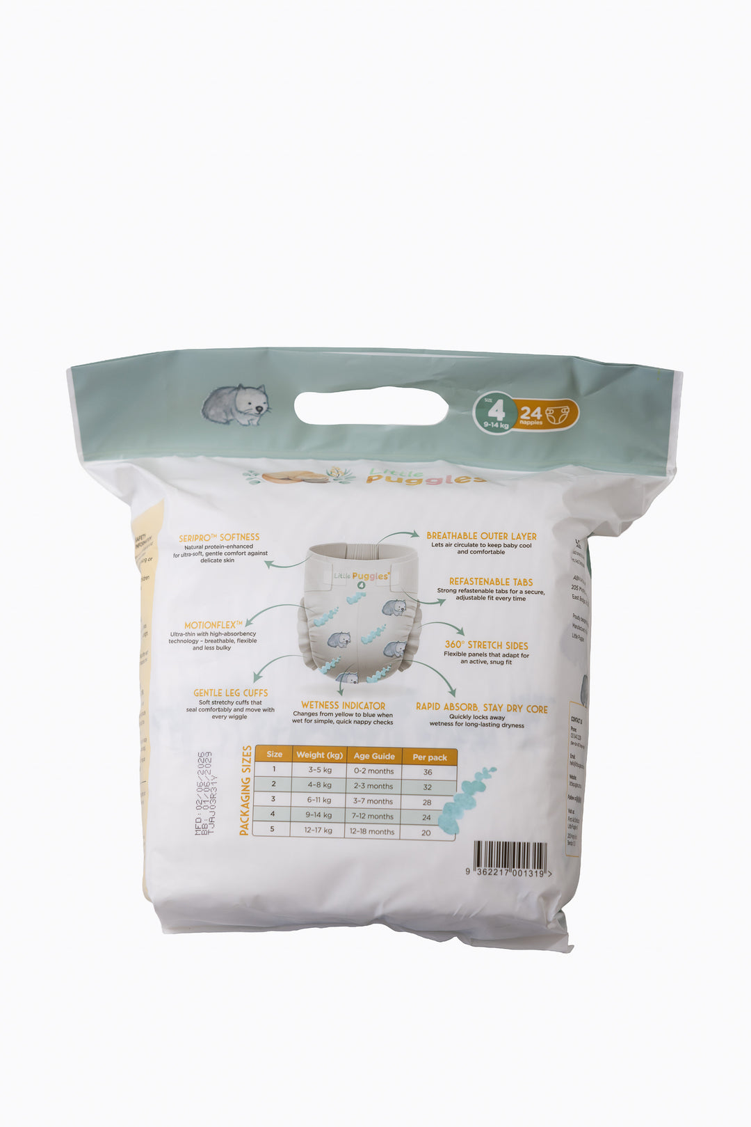 Little Puggles Size 4 nappies inner bag, back of pack, showing the sizing guide