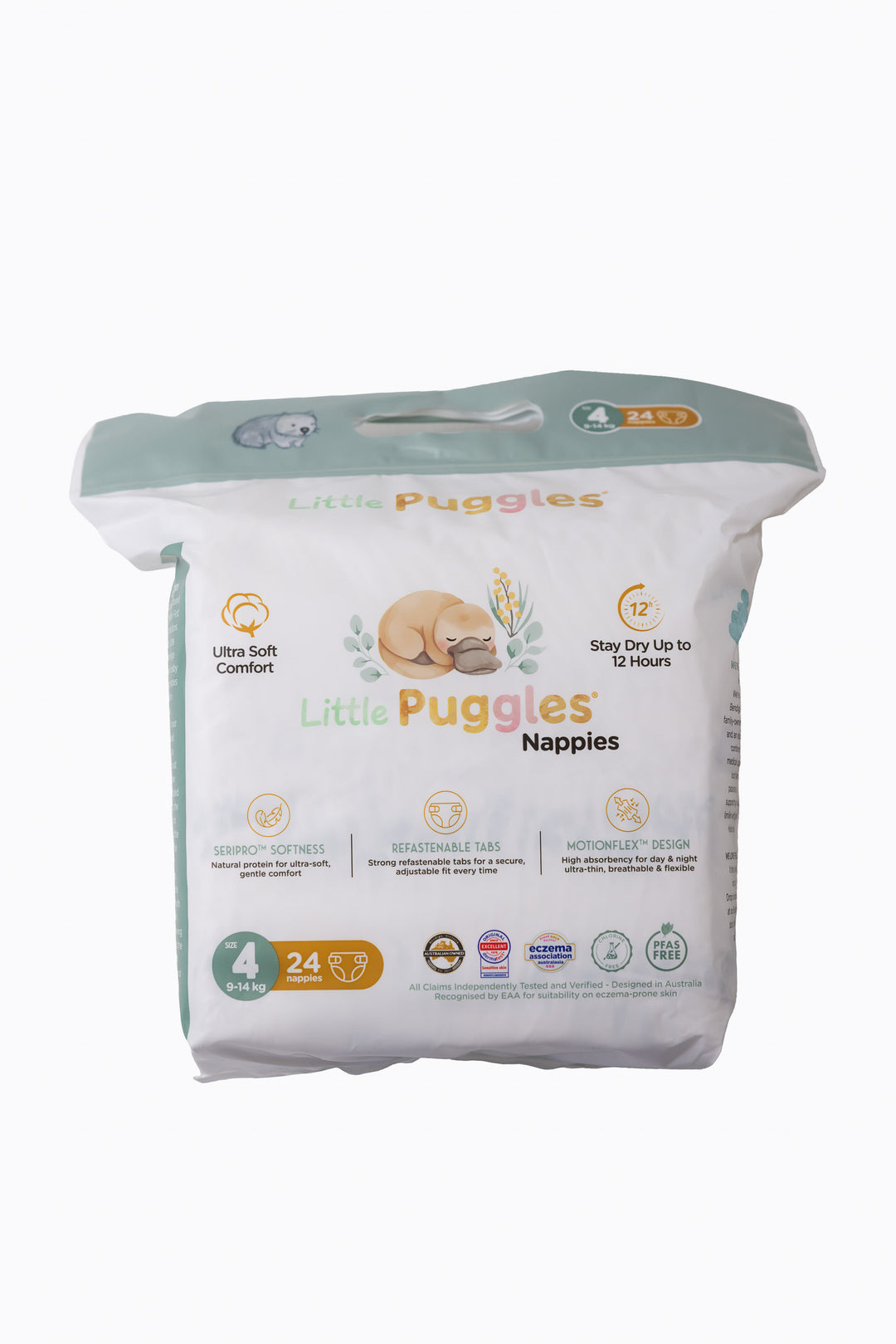 Little Puggles Size 4 nappies inner bag, front of pack, 24 nappies