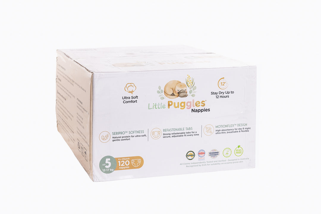 Little Puggles Size 5 nappies carton, 120 nappies