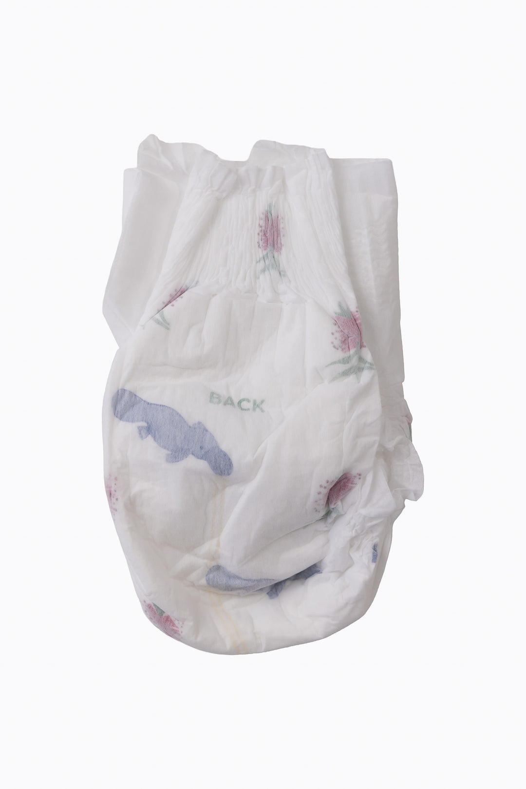 A single Little Puggles Size 5 nappy, back, showing the refastenable tabs