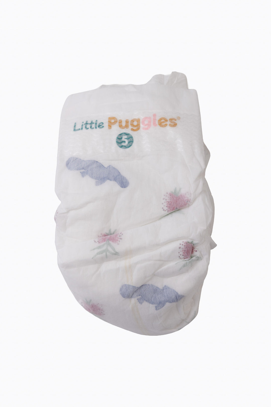 A single Little Puggles Size 5 nappy, front, showing the platypus and pink bottlebrush print