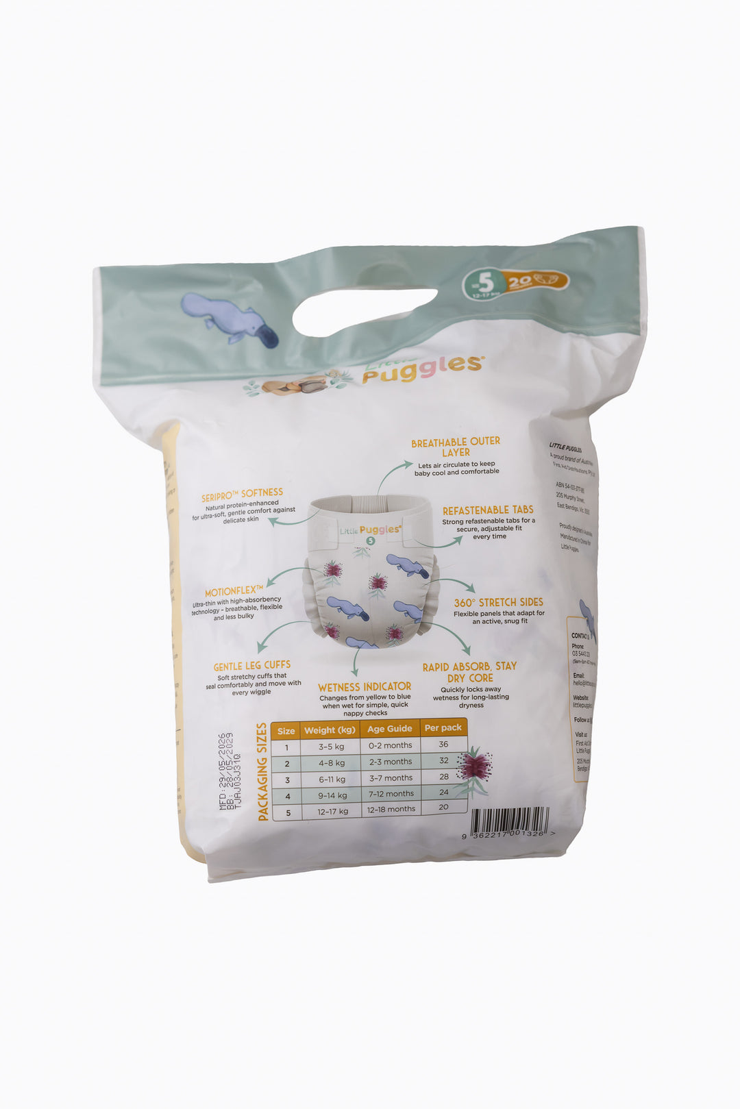 Little Puggles Size 5 nappies inner bag, back of pack, showing the sizing guide