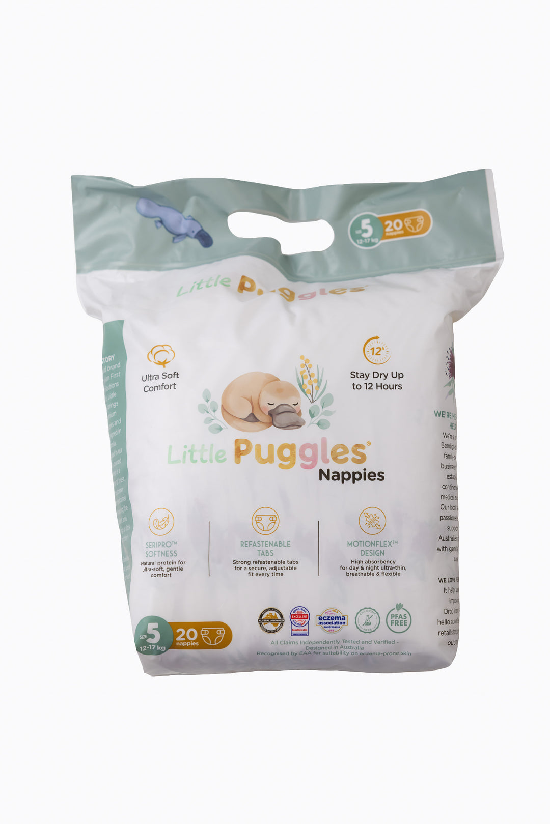 Little Puggles Size 5 nappies inner bag, front of pack, 20 nappies