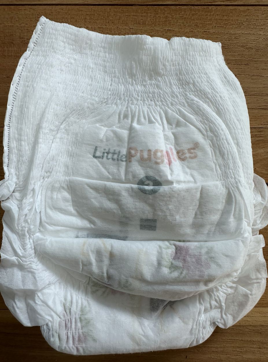 A nappy pant laid out flat from the front, with a plain stretch waistband across the top and no tabs or fastening panel