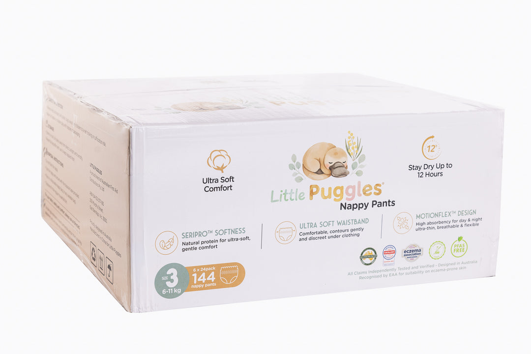 Little Puggles Size 3 nappy pants carton, 144 pants