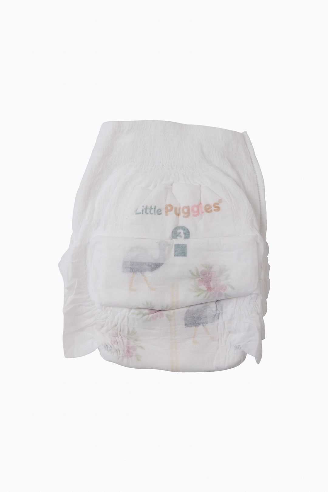 A single Little Puggles Size 3 nappy pant, front, showing the emu and wax flower print