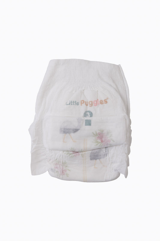 A single Little Puggles Size 3 nappy pant, front, showing the emu and wax flower print