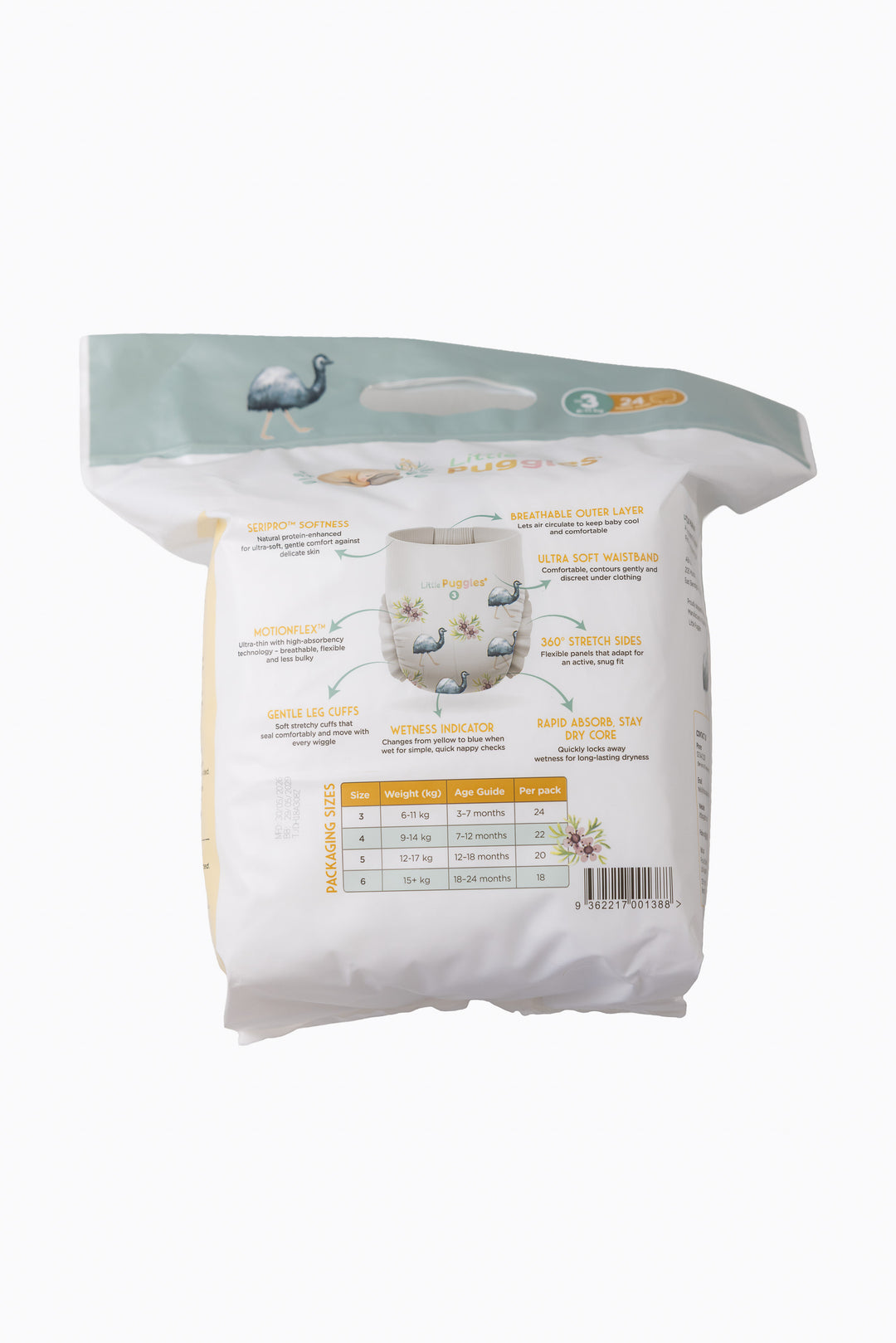 Little Puggles Size 3 nappy pants inner bag, back of pack, showing the sizing guide