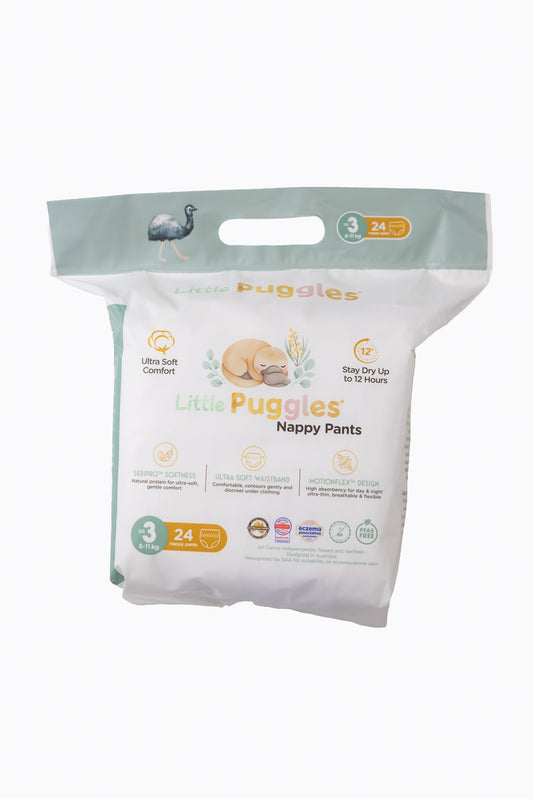 Little Puggles Size 3 nappy pants inner bag, front of pack, 24 pants