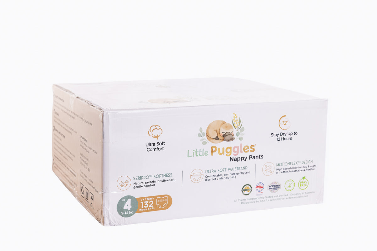 Little Puggles Size 4 nappy pants carton, 132 pants