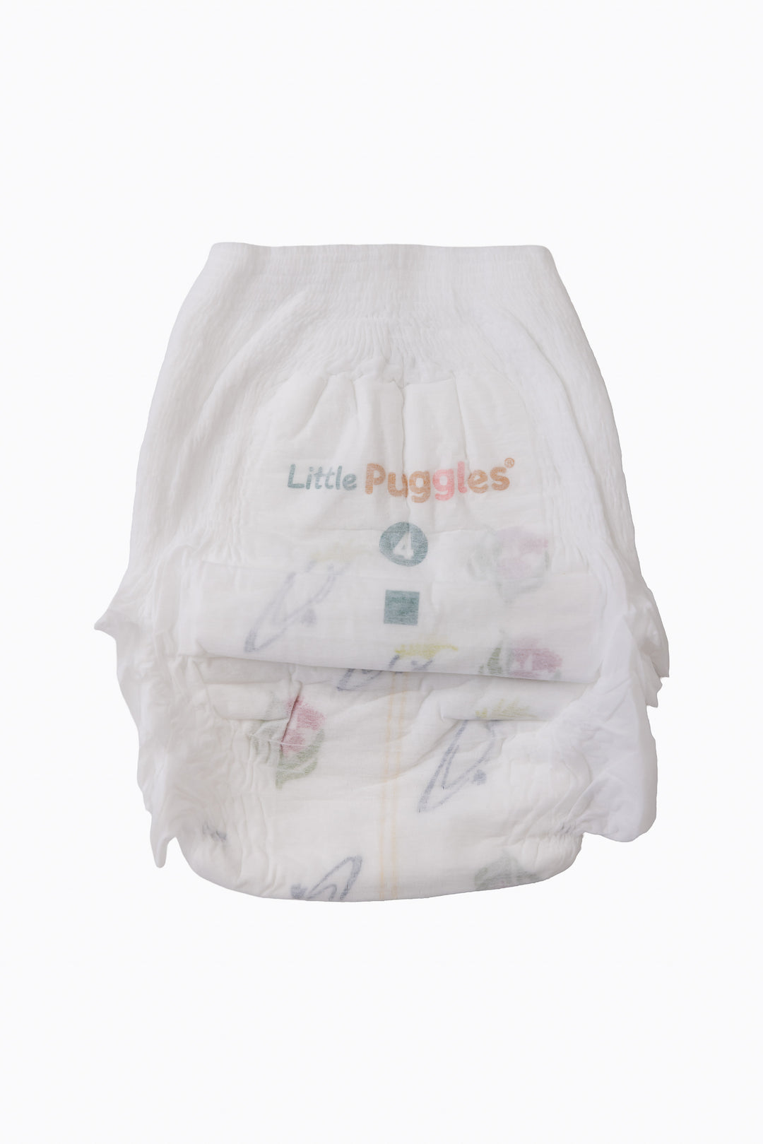 A single Little Puggles Size 4 nappy pant, front, showing the cockatoo and gum leaf print