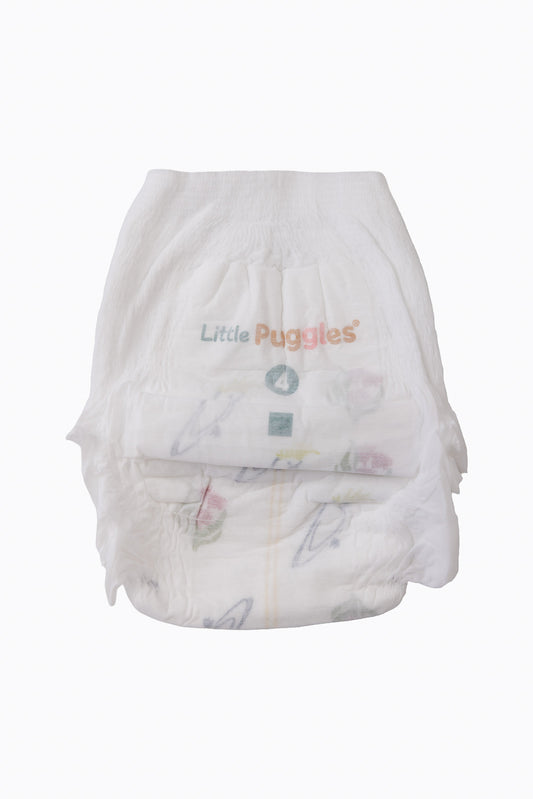 A single Little Puggles Size 4 nappy pant, front, showing the cockatoo and gum leaf print