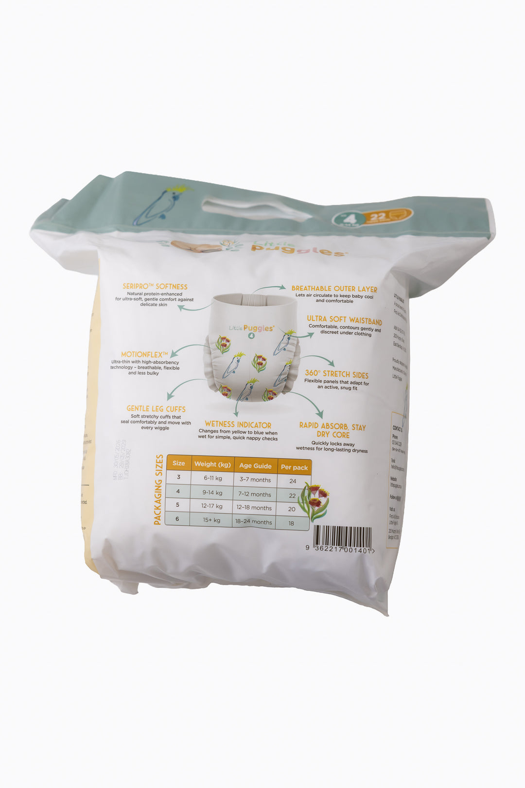 Little Puggles Size 4 nappy pants inner bag, back of pack showing the sizing guide
