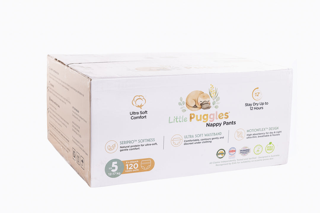 Little Puggles Size 5 nappy pants carton, 120 pants
