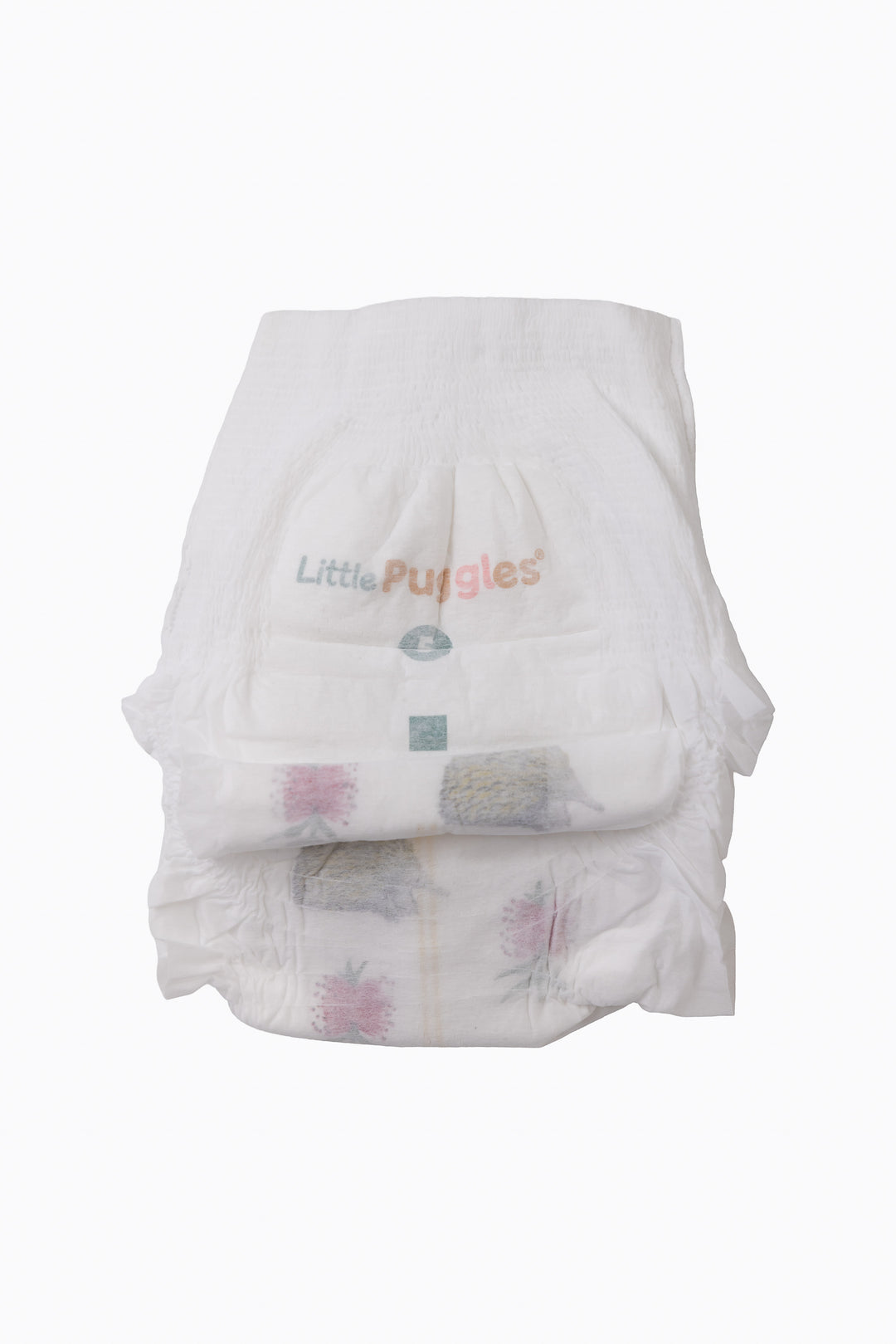 A single Little Puggles Size 5 nappy pant, front, showing the echidna and pink bottlebrush print