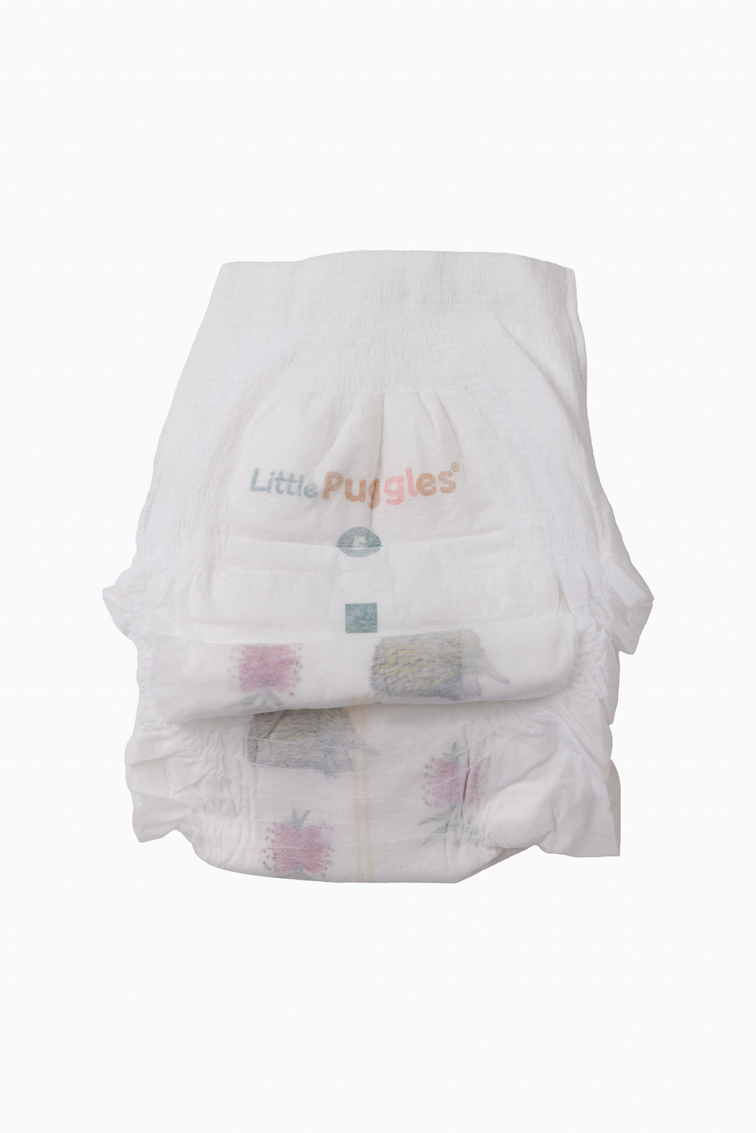 A single Little Puggles Size 5 nappy pant, front, showing the echidna and pink bottlebrush print
