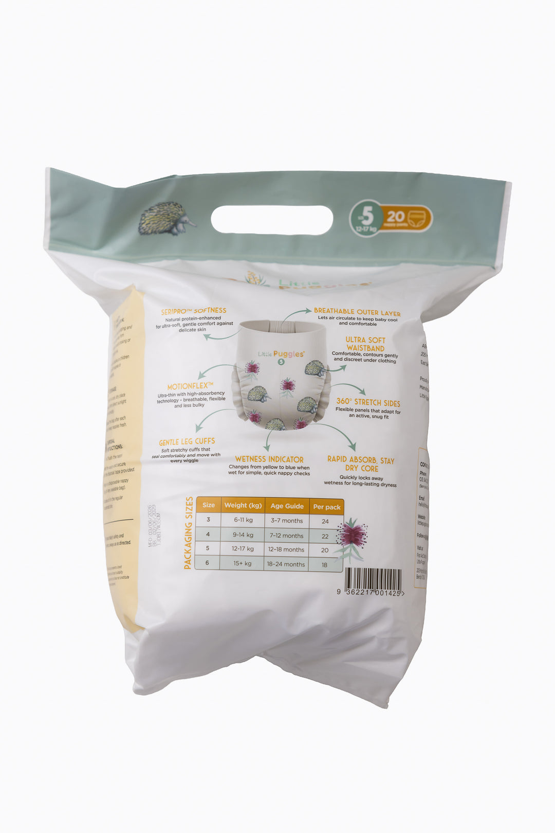 Little Puggles Size 5 nappy pants inner bag, back of pack, showing the sizing guide