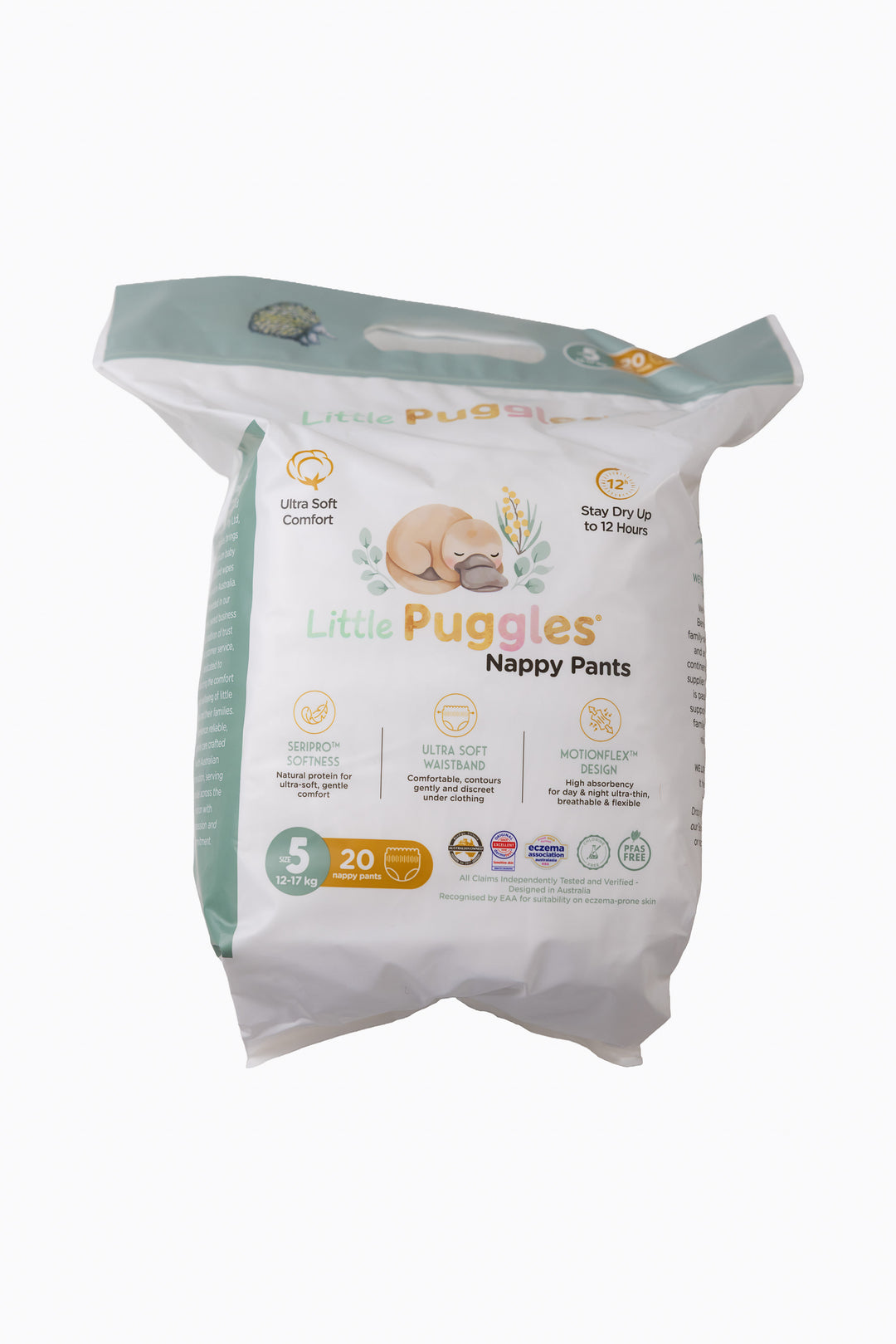 Little Puggles Size 5 nappy pants inner bag, front of pack, 20 pants